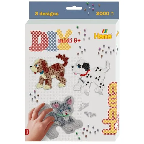 Hama Perlen 3449 Kleines Geschenk-Set Hund und Katze mit ca. 2.000 bunten Midi Bügelperlen Durchmesser 5 mm, Stiftplatte, inkl. Bügelpapier, kreativer Bastelspaß für Kinder Jugendliche, Mehrfarbig
