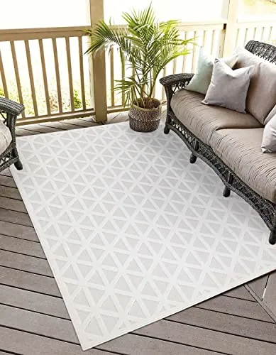 carpet city In-& Outdoor Teppich - 200x290 cm - für Innen-& Außenbereich - Wetterfest Balkon-Teppich, Terrasse, Flur, Küche - Wohnzimmer-Teppiche - Hochtief/ 3D-Effekt - Geo-Muster in Creme