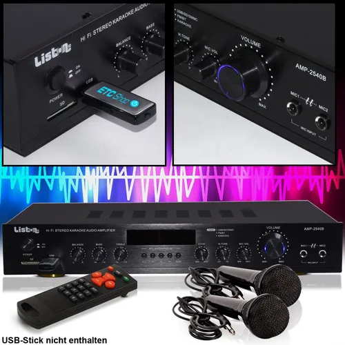 W Verstärker Party USB Receiver AUX Musik Anlage Bluetooth MP3 mit 2 Mikrofonen