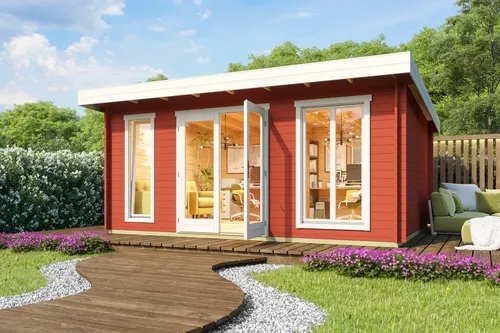 Gartenhaus Blockhaus Pultdach 34 mm Dorset 3 rot 520x410 cm