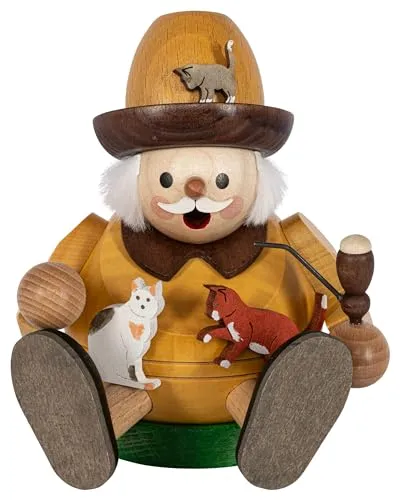 Richard Glaesser Räuchermännchen Katzenliebhaber sitzend - Kunstvolles Räuchermännchen aus dem Erzgebirge, Höhe 13 cm, handgefertigt aus Holz und perfekt für Katzenliebhaber.