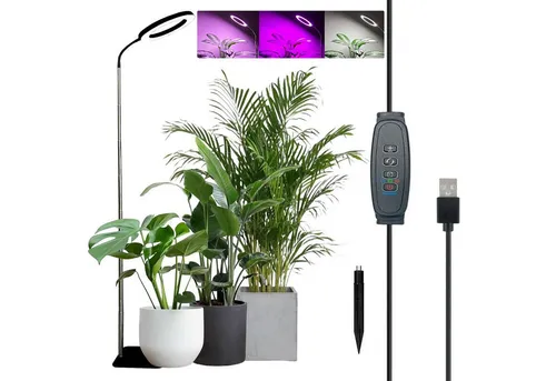 Sunicol Pflanzenlampe LED Vollspektrum, 3/9/12H Timer, 10 Helligkeit, Höhenverstellbar, LED, Grow Lampe mit Sockel und Erdspieß, Doppelter Zweck, 3 Licht-Modi