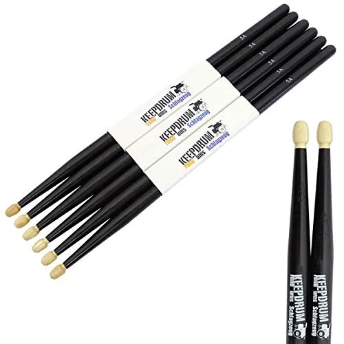keepdrum 5AB Black Hickory Drumsticks - 3 Paar - Drumsticks aus hochwertigem Hickory-Holz mit edlem schwarzen Finish, ideal für ein hervorragendes Spielgefühl und perfekten Grip. Perfekt für Schlagzeuger, die Qualität und Stil schätzen.
