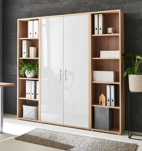 Schrankwand Office Edition - abschließbarer Aktenschrank und Regale - Home-Office-Aufbewahrungsschränke mit hochwertigem Design in Eiche Sonoma/Weiß Hochglanz, inklusive Edelstahlgriffen und Metallschlössern für sichere Aufbewahrung.