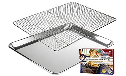 KITCHENATICS Robuste Halbblech-Backform mit Gestell-Set, Backblech für Ofen, Aluminiumblech mit Rand, Draht-Kühlgitter zum Kochen und Braten, halbe Blechpfanne mit Backrost – 33,3 x 45,5 cm