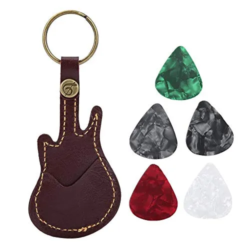 Gitarren-Plektrum-Halter, Gitarre Picks Tasche aus PU-Leder mit Schlüsselanhänger, 5 bunten Plektren, Braun, für Gitarristen, Konzerte, Probe, Reise, Übungsstunden