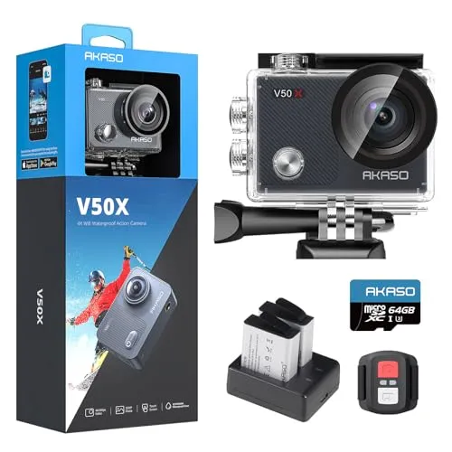 AKASO V50X Action Cam 4K30FPS - Actionkamera mit 4K30FPS Videoauflösung, EIS für stabile Aufnahmen und 64GB U3 Speicherkarte, ideal für Abenteuer und Unterwasseraufnahmen bis 40m.