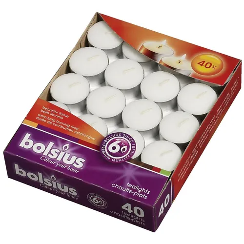 Bolsius Teelichter 40er Pack - 6 Stunden Brenndauer - Praktisches 40er Pack Teelichter, ideal für stimmungsvolle Beleuchtung. Mit ca. 6 Stunden Brenndauer und aus hochwertigem Paraffin gefertigt, perfekt für jeden Anlass.