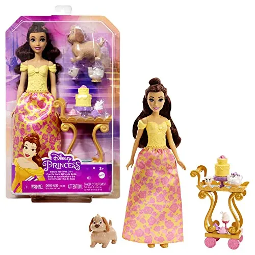 Mattel Disney Princess Belles Teewagen - Puppe mit rollendem Teewagen, inklusive Freundefiguren und köstlichem Zubehör für magische Teepartys