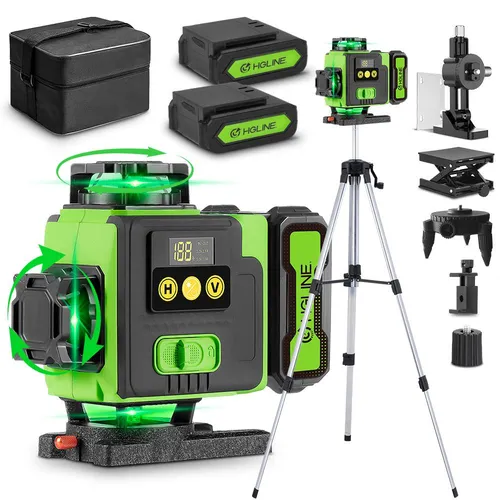 Selbstnivellierende 4D Laser Wasserwaage mit Stativ - Präzise 4D Laser Wasserwaage mit 16 Linien, ideal für Innen- und Außenanwendungen. Ausgestattet mit 2x4800 mAh Akku für bis zu 14 Stunden Betrieb und praktischem Teleskopstativ für optimale Anpassung.