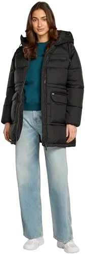 Tommy Jeans Damen Daunenmantel Midi Puffer mit Kapuze - Schwarz, XL - Funktionsjacken: Eleganter und warmer Daunenmantel mit Reißverschluss, ideal für kalte Tage. Bequeme Passform und stylisches Design, perfekt für Alltag und Reisen.