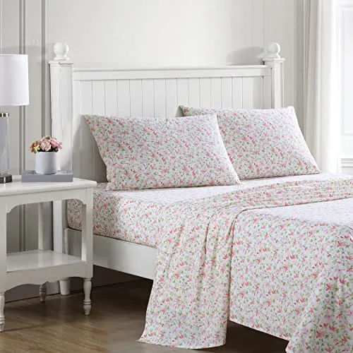 Laura Ashley Queen-Size-Bettlaken, Baumwoll-Perkal-Bettwäsche-Set, leicht und atmungsaktiv, Heimdekoration (Norella Pink, Queen)