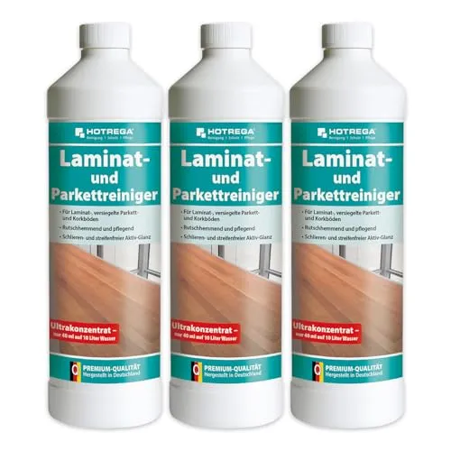 HOTREGA Laminat Reiniger - 1 Liter Konzentrat für Parkett und Bodenpflege - Bodenreiniger für Volllaminat, Parkett und Korkböden. Wirkt rutschhemmend, reinigt bis zu 1000 m² pro Liter und schützt vor Schmutz und Feuchtigkeit.