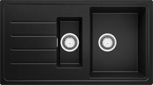 PRIMAGRAN Spülbecken Schwarz 90x50cm, Granitspüle 1,5 Becken + Ablauf-Set, Küchenspüle ab 60er Unterschrank - Kopenhagen Duo S001