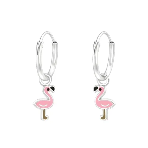 Monkimau Flamingo Kinder Creolen Ohrringe | 925 Silber | Mädchen Ohrstecker Schmuck | Hypoallergen & Nickelfrei | Kinderohrringe Geschenkidee