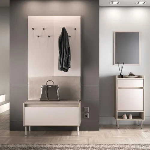 Garderoben-Set mit Wandpaneel & Schuhbank & Spiegel & Schuhschrank in Kaschmir mit Holz-Optik, 4-teilig - VITTORIA-131
