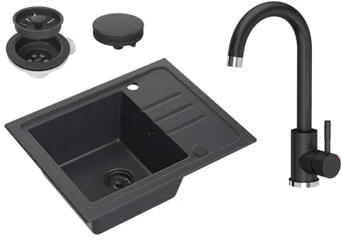 VBChome Granit Spülbecken Schwarz 55 x 44 cm mit Armatur - Moderne Granitspüle mit kratzfester Oberfläche und praktischer Abtropffläche. Reversibel einbaubar, ideal für Unterschränke ab 45 cm. Inklusive drehbarer Küchenarmatur mit innovativem QFix-Montagesystem.