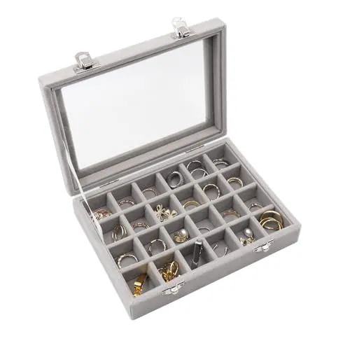 Yuknees 24 Fächer Schmuckkästchen,Jewelry Organizer Ring Schmuckkästchen Ringe Ohringaufbewahrung,Samt Schmuckbox Schmuckdisplay mit Glasdeckel für Damen Mädchen