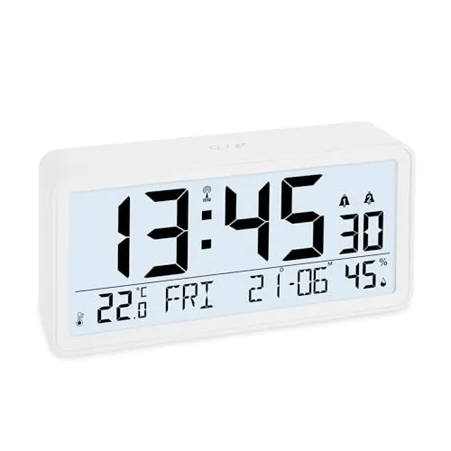 ADE Digitaler Funkwecker mit XXL-Ziffern - Wecker mit großen Ziffern für optimale Ablesbarkeit, ideal für Senioren. Mit 2 Weckzeiten, Schlummerfunktion und Anzeige von Temperatur und Luftfeuchtigkeit.