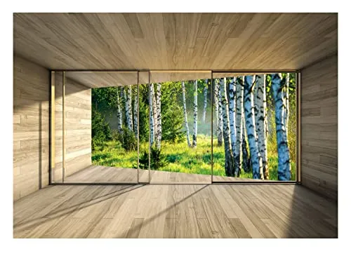 WallArena - Vlies Fototapete Fenster mit Aussicht Natur Wald Birkenwald 152x104 cm - Fototapeten - Tapeten - für Wohnzimmer Schlafzimmer - Vliestapete Wandtapete Tapete 3D Effekt- inkl. Kleister