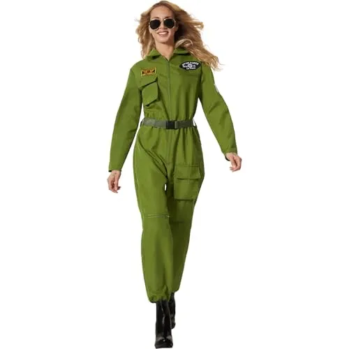 tectake® Damenkostüm Jet Fighter Pilot - Kostüme für Fasching und Karneval, authentischer olivgrüner Overall für einen starken und eleganten Auftritt auf jeder Party.