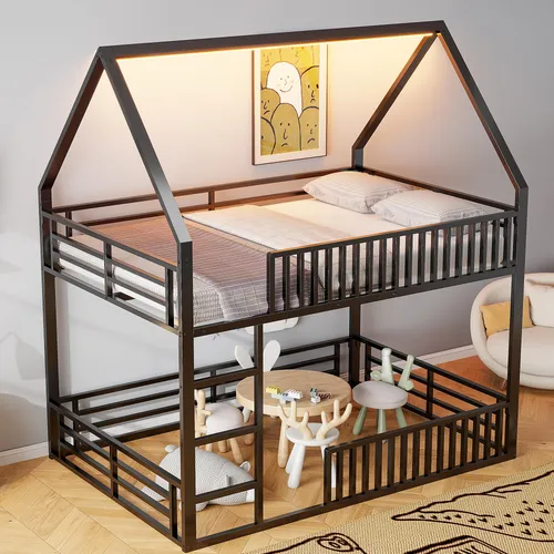 okwish Etagenbett 140x200 Jugendbett mit hausförmiges Design,Doppelbett mit Schutzgeländer und Spielraum,mit 7 Farben LED-Licht,Schwarz(ohne Matratze)