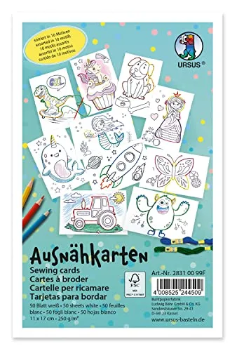 Ursus Ausnähkarten - 11 x 17 cm, 50 Blatt mit 10 verschiedenen Motiven, kreative Nähprojekte für Kinder und Familien
