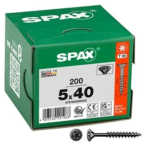Spax Universalschraube Senkkopf schwarz BLAX, 4CUT 1,5 x 40 mm - 200 Stück - Spanplattenschrauben mit maximaler Haltekraft dank Teilgewinde. Ideal für präzise Holzarbeiten und sichtbare Verschraubungen – kein Vorbohren nötig, für eine saubere Oberfläche und schnellen Einsatz.