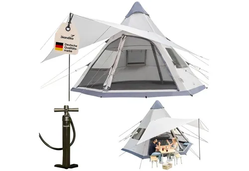 Skandika Luftzelt Tipi Hetta 460 Air Protect - Firstzelt für 6 Personen mit 2,95 m Stehhöhe, eingenähtem Zeltboden und UV 50+. Schnell aufzubauen dank zentralem Luftanschluss und bietet Insektenschutz durch Doppeltüren.