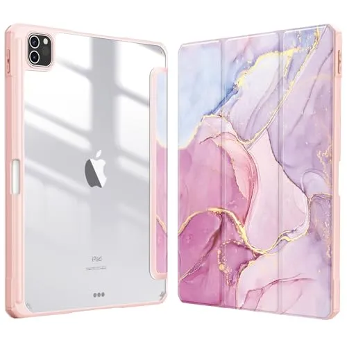 Fintie Hybrid Hülle für iPad Pro 11 2022/2021 (3./4. Generation) mit Stifthalter - Stoßfeste Schutzhülle mit transparenter Hartschale auf der Rückseite für iPad Pro 11 2020/2018, Rosa Marmor