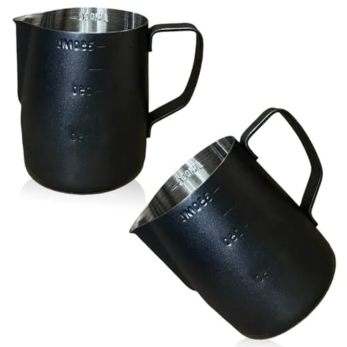 VEGOATY 2 Stück 350ml Milchkännchen Edelstahl: Milch Pitcher Aufschäumen Krug mit Messung Mark für Milchaufschäumer Kaffeemaschine, Edelstahl Milchkännchen für Latte Espresso Cappuccino (Schwarz)
