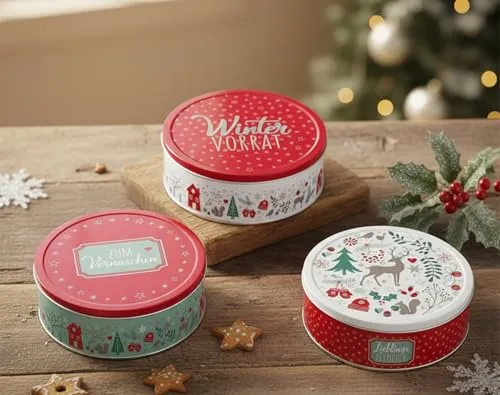 KAMACA 3 er SET Keksdosen Plätzchendose aus Metall mit Deckel rund praktisch Winter Advent Weihnachten für Plätzchen Kekse Gebäck langlebige Aufbewahrung (3er Set Gebäckdose Wintervorrat)