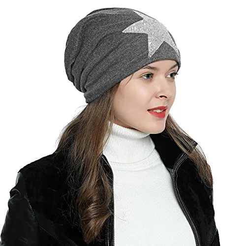 DonDon Mütze Damen Wintermütze Slouch Beanie gefüttert mit silbernen Stern Pailletten grau