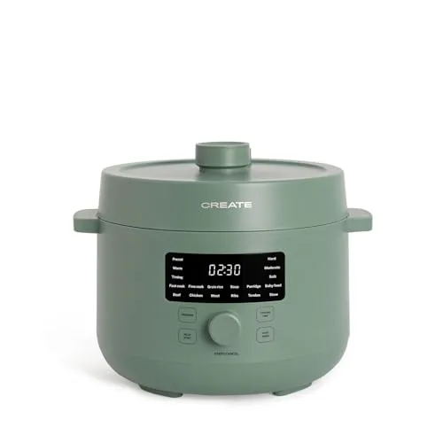 CREATE/PRESSURE COOKER STUDIO/Multifunktioneller programmierbarer elektrischer Schnellkochtopf 4L Salbeigrün / 15 Funktionen, 24h Timer, Keramik-Antihaftbeschichtung, Sicherheitsventil, 1200W