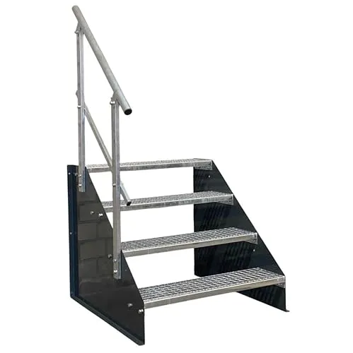 Produktbild SRM Design 4 Stufen Standtreppe Stahltreppe Wangentreppe Gitterrosttreppe Außentreppe Industrietreppe freistehend Breite 100cm Höhe 84cm anthrazit einseitiges Geländer