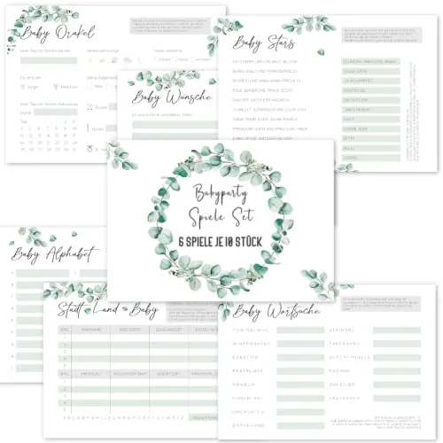 Things of Happiness Babyparty Spiele Set | 6 Babyparty Spiele (je 10 Stück) | Babyshower Geschenk Jungen und Mädchen | Babyparty Ratespaß zum Ausfüllen | Gender Reveal Party (Grün Eucalyptus)