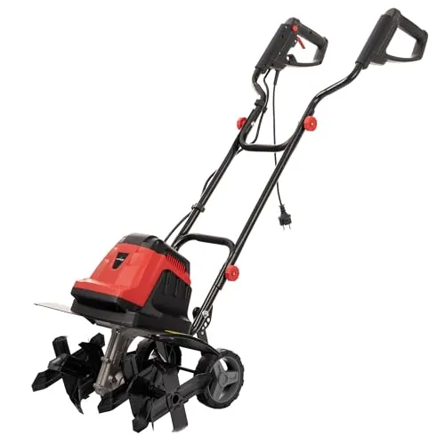 LEHMANN Elektro Bodenhacke, 1800 W, Motorhacke mit 45 cm Arbeitsbreite & 22 cm Arbeitstiefe, 24 Messer, klappbarer Holm, Gartenfräse mit Transporträdern zum Umgraben und Auflockern, Rot/Schwarz