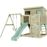 OutdoorToys Spielturm - Schaukel und Spielturm in mintgrün, ideal für Kinder ab 3 Jahren. Robustes Holzmaterial sorgt für Sicherheit und Spaß im eigenen Garten.