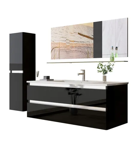 Badmöbel-Set 120 cm Hochglanz Schwarz - Hochwertiges 5-teiliges Badmöbel-Set in Hochglanz Schwarz, inklusive Waschbecken und Hochschrank. Modernes Design mit pflegeleichten Oberflächen und praktischen Schubladen für optimalen Stauraum.
