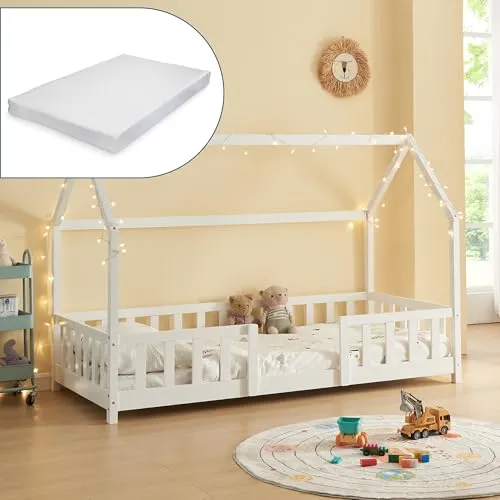 [en.casa] Kinderbett Sisimiut mit Matratze 90 x 200 cm - Kleinkindbett mit einladender Hausoptik und effektivem Rausfallschutz für sicheren Schlaf und eine gemütliche Atmosphäre.