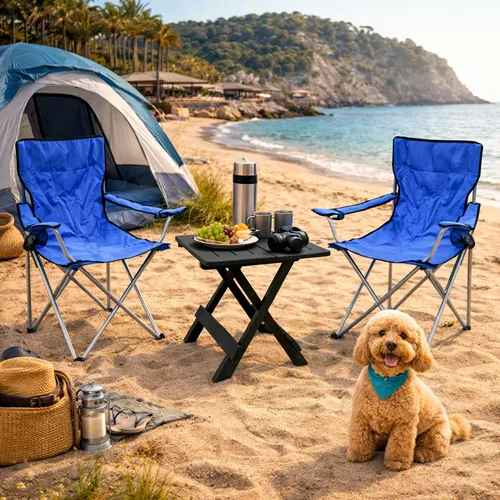3-tlg. Campingsessel Set Blau mit Klapptisch – Ideal für Outdoor-Aktivitäten - Praktisches 3-teiliges Campingmöbel-Set mit Klapptisch und 2 Anglerstühlen. Leicht transportierbar, wetterbeständig und schnell aufgebaut – perfekt für Camping, Angeln und Freizeit im Freien.