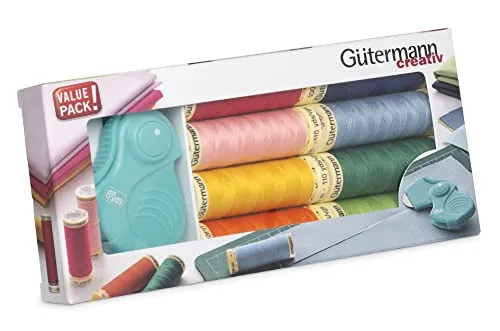 Gütermann creativ Nähfaden-Set mit 8 Spulen Allesnäher 100 m in bunten Farben + ein Klapp-Rollschneider von PRYM