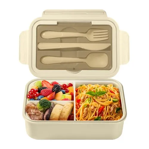 Diboniur Brotdose Lunchbox mit Fächern Besteck Kinder Erwachsene 1400ML Bento Box für Mikrowelle, Spülmaschine, Schule, Picknick, Arbeit (Khaki)