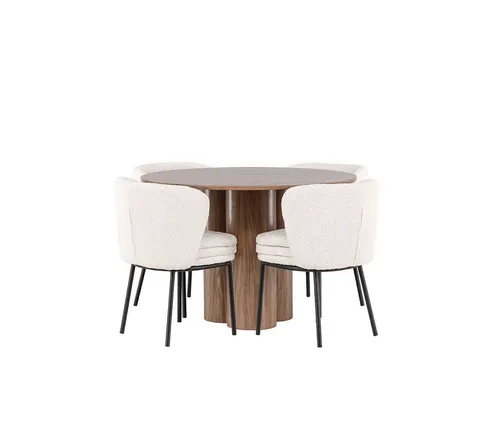 Olivia Essgruppe mit Tisch Ø110cm und 4 Boucle Stühlen in Braun - Elegante Olivia Essgruppe mit einem runden Tisch (Ø110cm) und 4 stilvollen Boucle Stühlen. Ideal für gemütliche Familienessen und mit stabiler Bauweise für hohen Sitzkomfort.