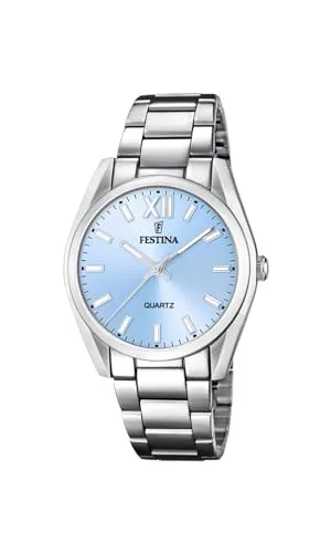Festina Damen Analog Quarz Uhr F20622/3 - Elegante Armbanduhr aus Edelstahl mit hellblauem Ziffernblatt, römischen Ziffern und Leuchtzeigern. Wasserdicht bis 5 bar, ideal für den täglichen Gebrauch.