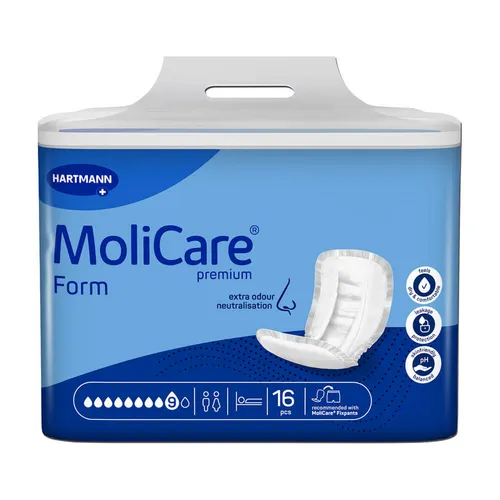 MoliCare® Premium Form Inkontinenzvorlage 9 Tropfen, 1 Packung - 16 Stück - Inkontinenzeinlagen mit einzigartigem Saugkörper für hohen Auslaufschutz und Wohlbefinden. Schnellere Flüssigkeitsaufnahme und starke Geruchsneutralisierung, pH-hautneutral gegen Hautirritationen.