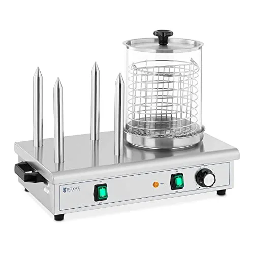 Royal Catering Hot-Dog-Maker - 650 W mit 4 Heizspießen - Hot Dog Maker für bis zu 30 Würstchen, hält Snacks über Stunden warm und knackig - ideal für Imbissstände, Food-Trucks und Catering.
