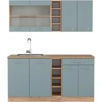 Vicco Küchenzeile R-Line Solid Eiche Blau Grau 160 cm - Moderne Küchenzeile für platzsparende Lösungen, die Design und Funktionalität vereint. Ideal für kleine Küchen und Apartments.