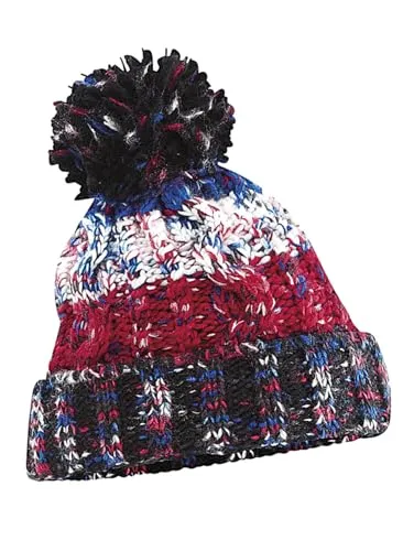 Neverless® Damen Strickmütze Grobstrick Bunt Gemustert Fleecefutter Wintermütze Pudelmütze Strickbommel Rot Unisize