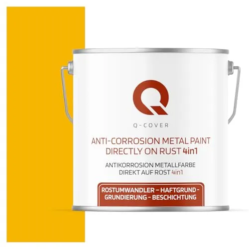 Q-COVER ANTIKORROSION METALLFARBE DIREKT AUF ROSR 4 IN 1 Rapsgelb RAL 1021 5L HALBMATT ANTI-ROST METALLSCHUTZLACK METALLLACK METALLSCHUTZFARBE RAL FARBE FÜR METALL